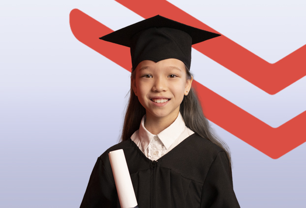 Gradutation portrait of an elementary school student wearing a cap and gown, holding a diploma